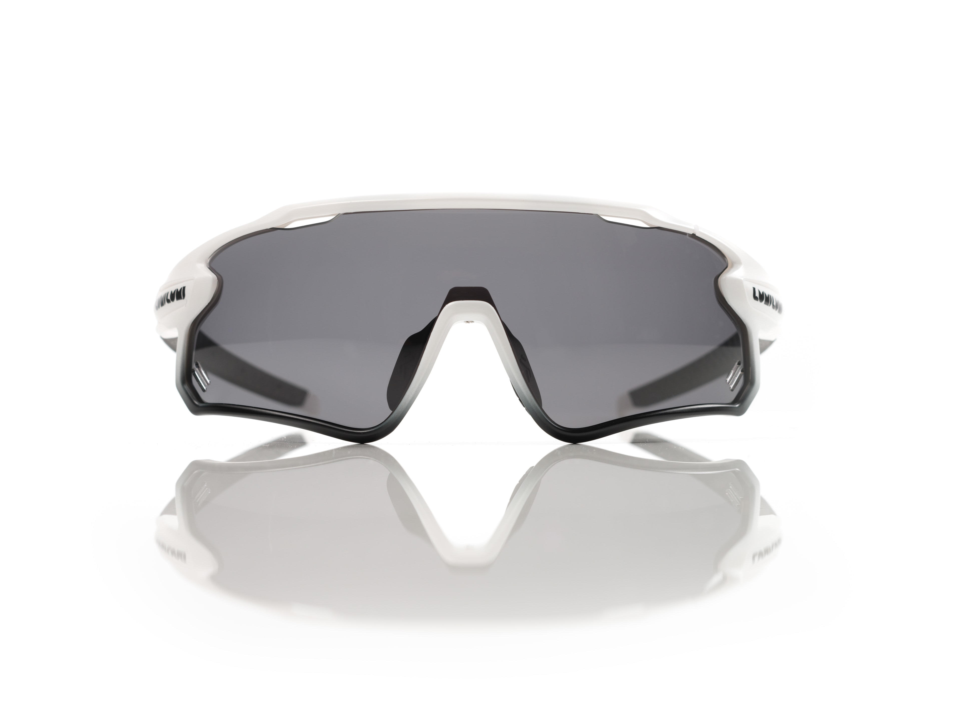 A pair of sports sunglasses with a white frame.