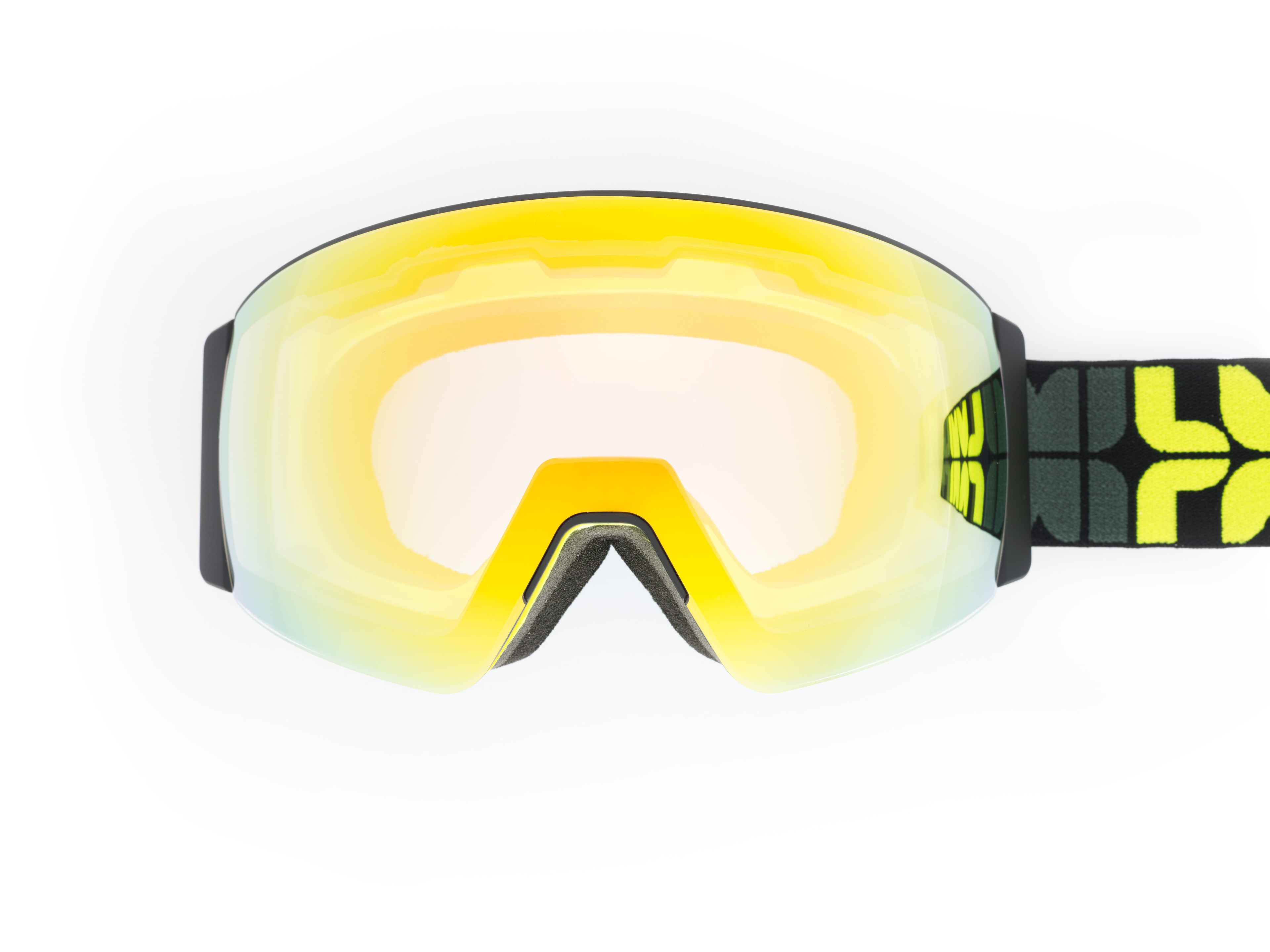 A snow goggle with a yellow shield and black and yellow band.